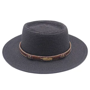 Damen Sommer Strohhut Strandurlaub Sonnenschutz flache Oberseite Fedora Hut mit Feder