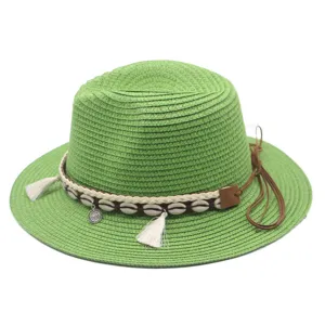 Sommer grüner Strohhut mit Muscheln Quasten dekoratives Band Vintage Sonnenhut Strand Hut
