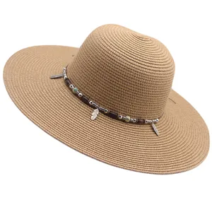 Mujer sombrero de paja verano ala ancha playa moda cuenta decorativa boho gorra al aire libre