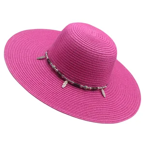 Sombrero de paja de ala ancha rosa para mujer sombrero de sol de playa con cuentas pluma verano