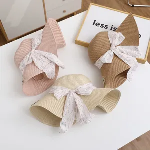 Women's Summer Straw Sun Hat Wide Brim Beach Vacation Floral Ribbon Sunshade Cap
