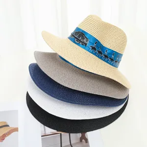 Damen geflochtener Strohhut Sommer Strand lässiger Fedora Hut mit stilvollem Band Kopfbedeckung
