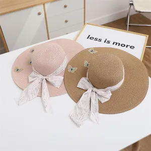 Women straw sun hat wide brim summer beach hat ribbon bow embroidery UV protection holiday hat
