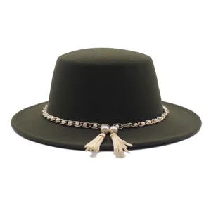 Damen Vintage Britischer Wollfilzhut Breite Krempe Flach Oben Jazz Hut mit Perlenkette und Quasten Accessoires