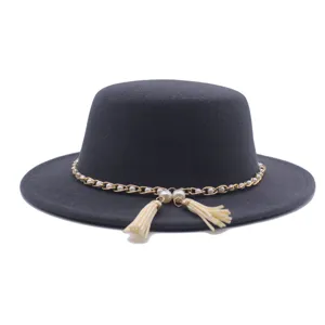 Details zum vintage Wolle flacher Top Fedora Hut mit perlenkette und Quasten design.