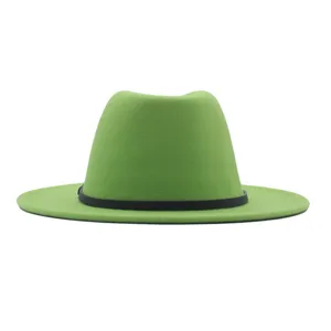 Stilvoller grüner Woll-Fedora-Hut mit schwarzem Gürtel, elegante Damen-Jazzmütze für Herbst und Winter.