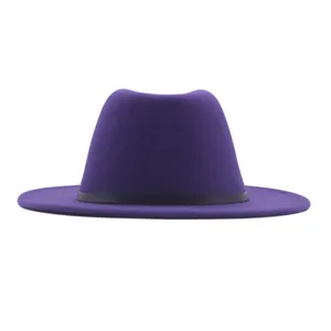 Λεπτομερές κοντινό πλάνο από κομψό μοβ fedora καπέλο με μαύρη ζώνη και υφή μαλλιού.