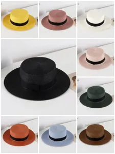 Damen flacher Strohhut Sommer Sonnenschutz Booter Hat mit schwarzem Band mehrfarbig