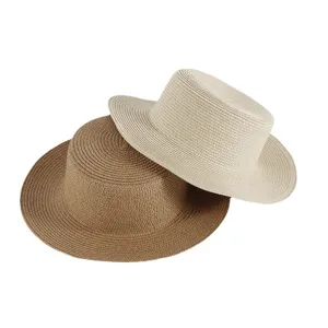 Damen flacher Strohhut Sommer Strand Urlaub einfarbig retro Sonnenschutz Sonnenhut