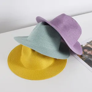 Damen Gewebter Strohhut Sommer Sonnenschutz Strand Fedora Breite Krempe Einfarbig Sonnenhut Für Urlaub Lässig Reisen Outdoor
