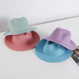 Damen Sommer Gewebter Einfarbiger Fedora Strohhut Strand Sonnenschutz Urlaub Sonnenhut