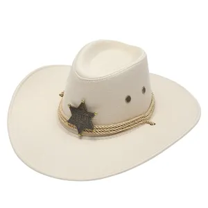 Faux Suede Western Cowboy Hat with Six-Pointed Star Badge Windproof Rope Unisex Outdoor