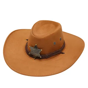 Brown faux suede Western cowboy hat with braided rope and metal sheriff star badge for outdoor