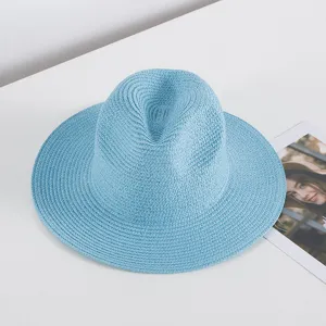 Hellblaue geflochtene Damen Strohhut, Sommer Sonnenschutz Strand Jazz Fedora Hut elegant.