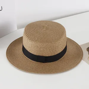 Sommer Damen Strohhut flacher Oberseite breite Krempe Sonnenhut mit schwarzer Schleife Strand