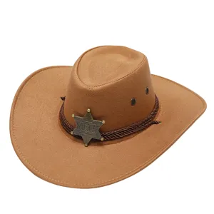 Unisex Vintage Suede Western Cowboy Hat Outdoor Sun Protection Jazz Hat With Star Badge Windproof Rope