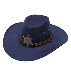 Blue suede western cowboy hat with star badge and rope band for outdoor sports hiking jazz.