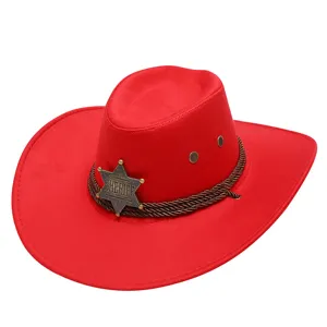 Red western cowboy hat for adults, classic suede style with sheriff star badge and wind rope.