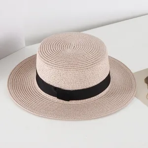 Damen Sommer Strohhut flache Oberseite schwarze Schleife breite Krempe Sonnenschutz Strand Hut