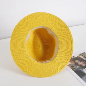 Sommer gelber geflochtener Strohhut, breiter Rand Sonnenschutz Strand Jazz Fedora Hut Damen.