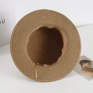 Damen Sommer Strohhut flacher Oberteil breite Krempe Sonnenschutz Strandhut Detail