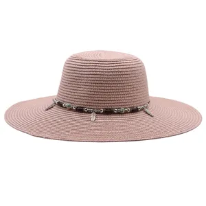 Sombrero de paja para mujer ala ancha verano playa al aire libre anti-uv con abalorios
