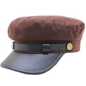 Retro braune flache Schiebermütze mit schwarzem Lederkrempe und Metall Schnalle für den Alltag.