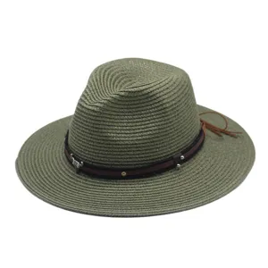 Grüner Damen Strohhut Fedora Sommer Sonnenhut mit Lederband und Metall Dekor Retro.