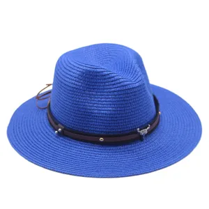 Blaue Strohhut Damen Sommer Sonnenschutz Strand Panama Hut mit Ledergürtel und Dekoration.