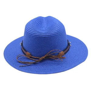 Blauer Strohhut für Damen Sommer Sonnenhut britischer Vintage Lederkordel Panama Hut stilvoll