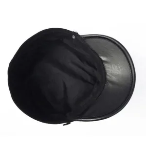 Schwarze Leder Flachkappe, Retro Militärmütze, stylische Damen Herren Herbst Winter Barette.