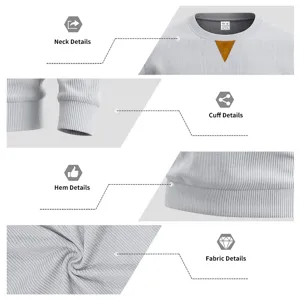 Men grey rib knit crewneck sweatshirt detail view showing collar, cuffs, hem and fabric.