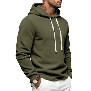 Heren groene fleece hoodie casual lange mouw pullover trui met witte trekkoorden.