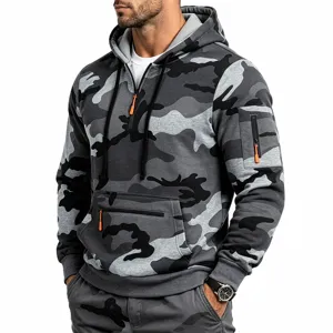 Mens tactical camo hoodie with half zip, fleece lined, multi-pockets, casual pullover.