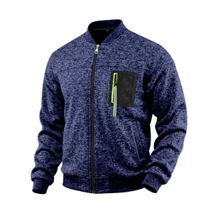 Mens navy blue knit bomber jacket featuring front zipper and chest pocket detail view.