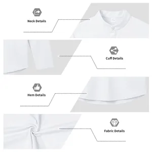 Lässiges weißes Herren Langarmhemd mit Detailansichten von Kragen, Manschette, Saum und Stoff.