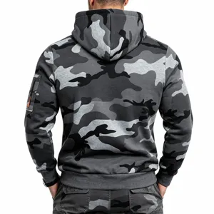 Back view detail of men's fleece-lined camo hoodie, knit fabric with tactical sleeve pocket.