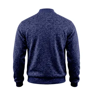 Men's dark blue knit bomber jacket featuring classic textured fabric for casual wear.