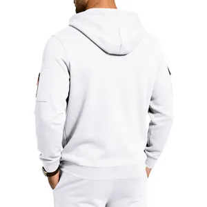 Herren Freizeit Cargo Kapuzenpullover Rückansicht mit Ärmeltasche und Fleecefutter.