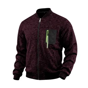 Mens knitted bomber jacket with zipper pocket casual autumn winter outerwear fashion.