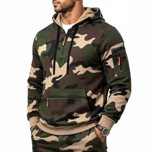 Men's European size fleece lined camouflage hoodie with multi pockets and quarter zip design.