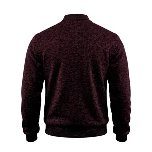 Men's casual knit bomber jacket back view, burgundy melange fabric with ribbed collar.