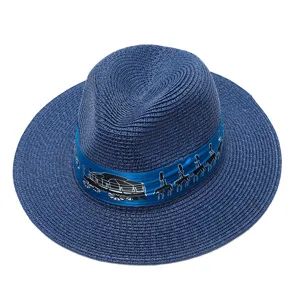 Blauer geflochtener Strohhut für Damen, breite Krempe Sommer Strandhut mit blauem Band.