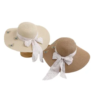 Women Summer Straw Sun Hat Large Brim Beach Hat Ribbon Bow Sunshade Outdoor Vacation Hat