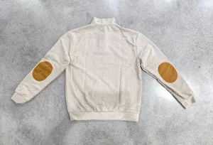Detailed back view of men stand collar long sleeve knit sweatshirt with elbow patches.