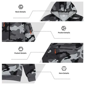 Men camouflage hooded sweatshirt detail graphic, tactical zipper pockets, comfortable ribbed hem.
