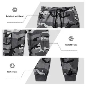 Men's grey camo cargo sweatpants detail view showing waistband pocket and cuff features.