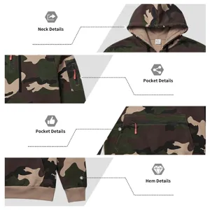Detail view of men's camouflage hooded sweatshirt featuring functional pockets and stylish design.