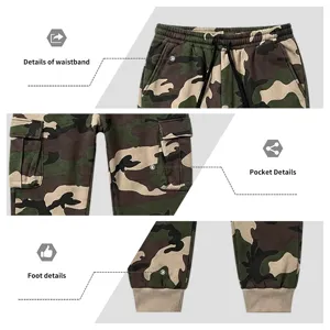 Men's camouflage cargo pants detail view showcasing elastic waistband, side pockets and cuffs.