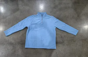 Light blue quarter-zip fleece pullover for women, cozy casual stand collar long sleeve top.